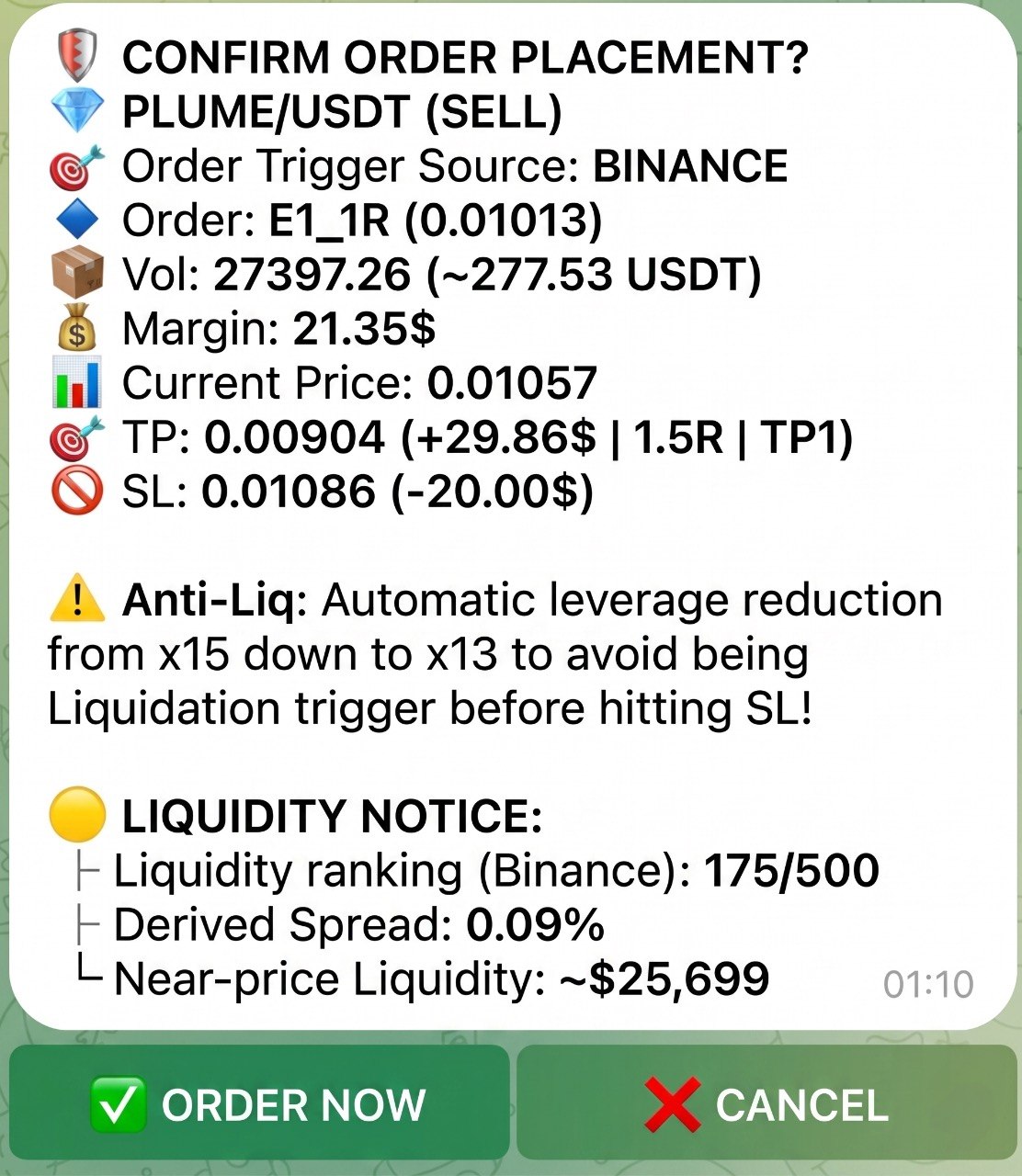 PLUME/USDT 주문 확인 - 물량, 마진, TP/SL, 유동성 공지, Anti-Liq 자동 레버리지 축소